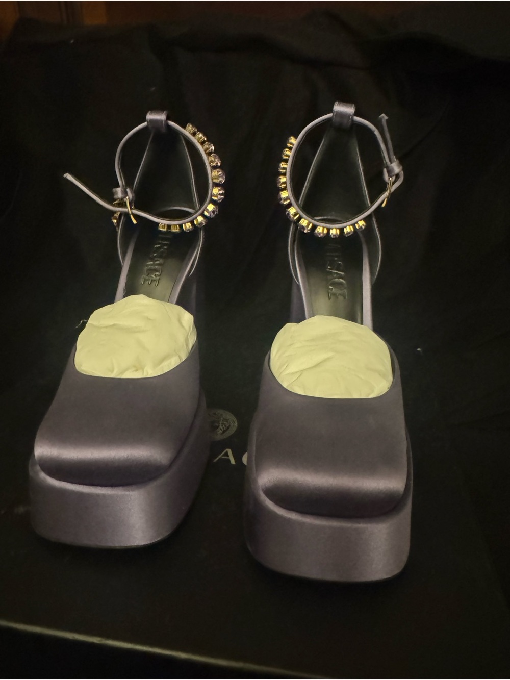 Versace Black Platform Ankle-Strap Heels with Gold Crystal Accents
